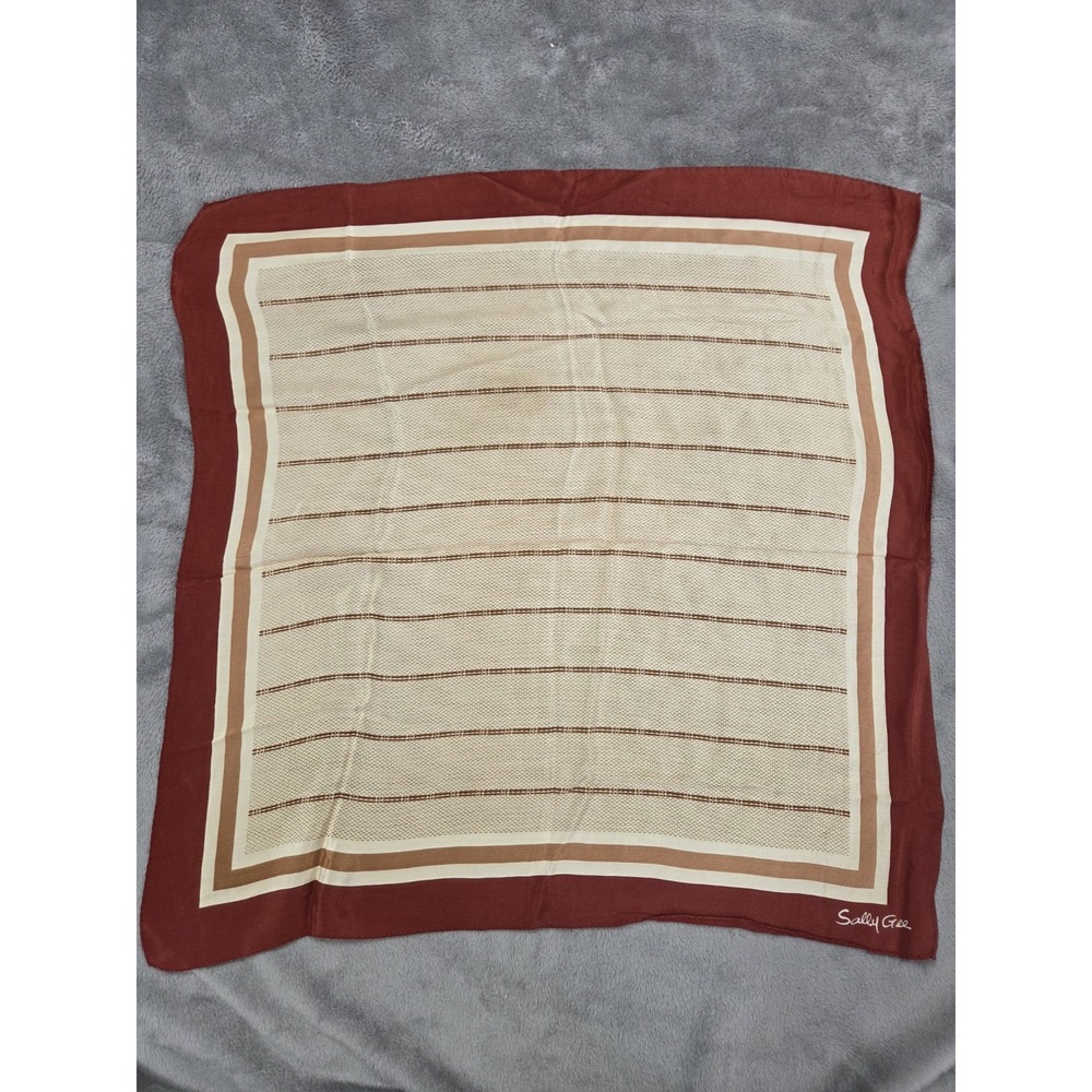 Sally Gee Silk Scarf Mod‎ Mad Men Square 22.5x23 Brown Beige 70s Hipster
